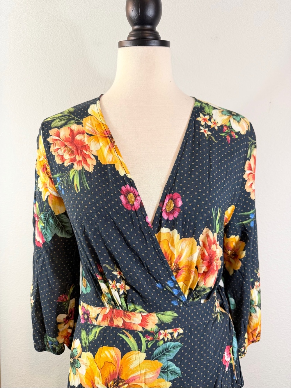 Anthropologie Farm Rio Majorca Wrap Dress Size S Blue Floral Polka Dot Hi Low - Picture 7 of 15